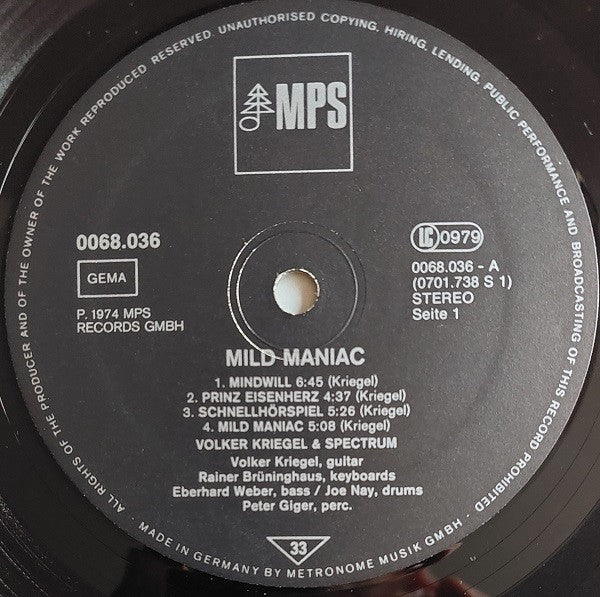 Volker Kriegel & Spectrum (20) : Mild Maniac (LP, Album, RE, Gat)