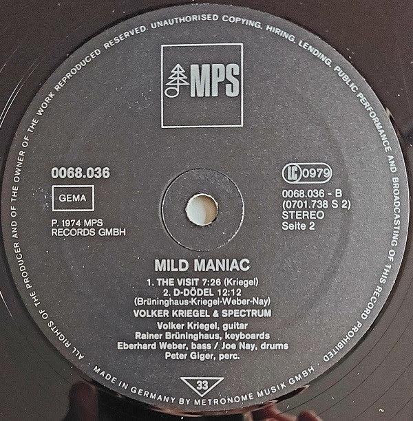 Volker Kriegel & Spectrum (20) : Mild Maniac (LP, Album, RE, Gat)