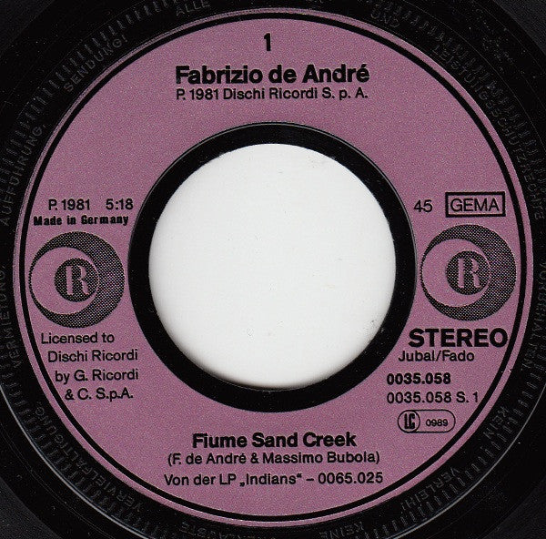 Fabrizio De André : Fiume Sand Creek (7", Single)