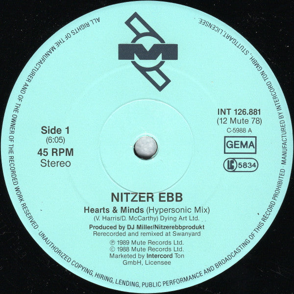 Nitzer Ebb : Hearts & Minds (Mix Hypersonic) (12", Maxi)