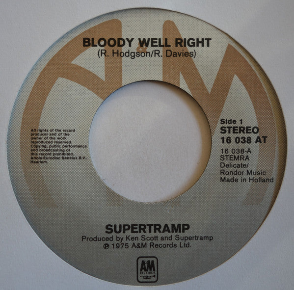 Supertramp : Bloody Well Right (7", Single)
