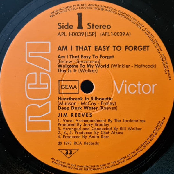 Jim Reeves : Am I That Easy To Forget (LP, Album)