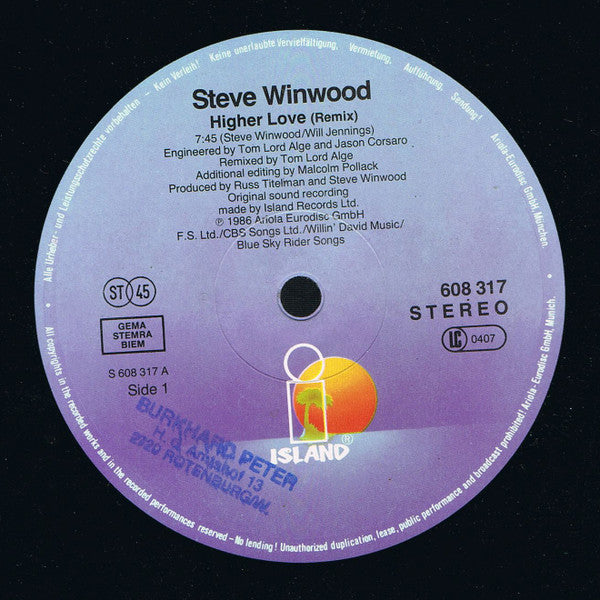Steve Winwood : Higher Love (12", Maxi)