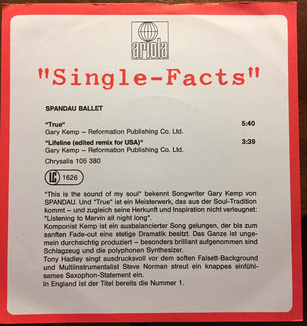 Spandau Ballet : True (7", Single)