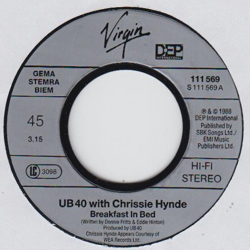 UB40 with Chrissie Hynde : Breakfast In Bed (7", Single)