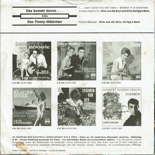 Gitte* Und Die Boys Und Girls* / Gitte* Und Die Girls* : Das Kommt Davon / Das Penny-Mädchen (7", Single)