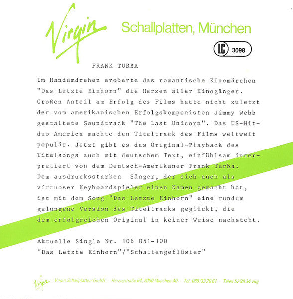 Frank Turba : Das Letzte Einhorn (7", Single)