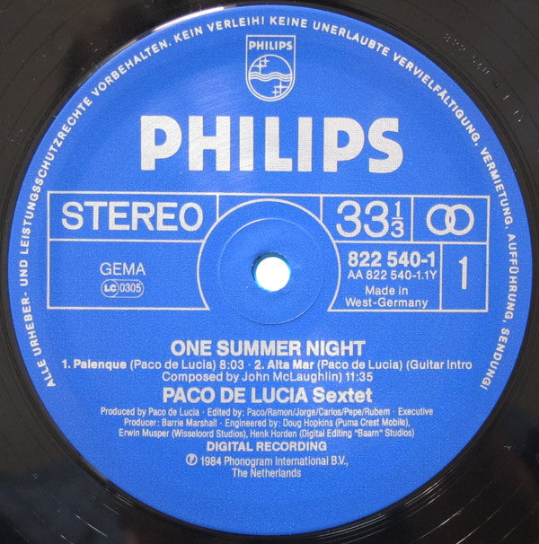 Paco De Lucia Sextet : Live... One Summer Night (LP, Album)