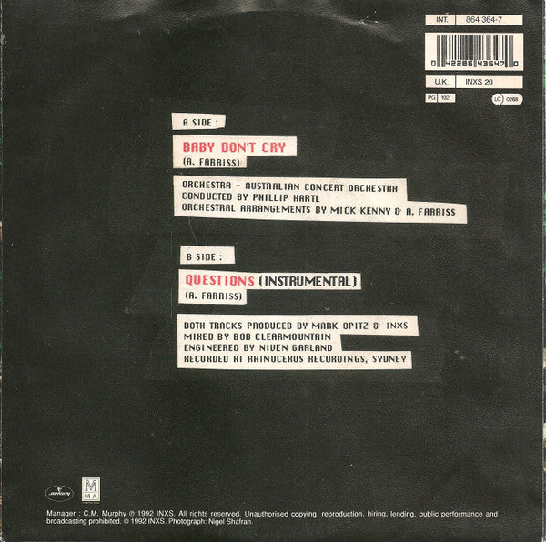 INXS : Baby Don't Cry (7", Single)
