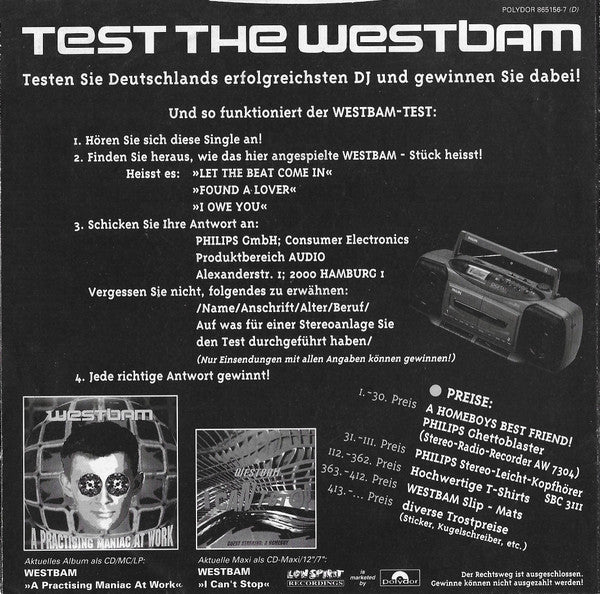 WestBam : Test The Westbam (7", Single, Ltd, Promo)