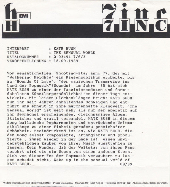 Kate Bush : The Sensual World (7", Single)