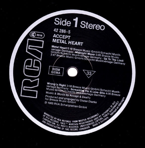 Accept : Metal Heart (LP, Album, Club)