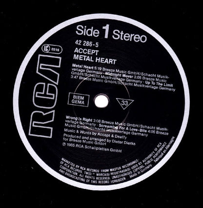 Accept : Metal Heart (LP, Album, Club)