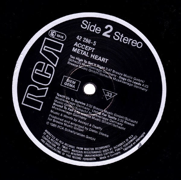 Accept : Metal Heart (LP, Album, Club)
