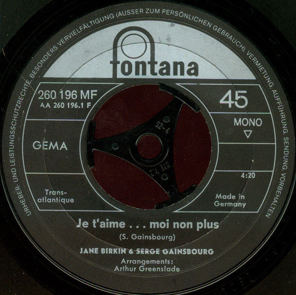 Jane Birkin Avec Serge Gainsbourg : Je T'aime... Moi Non Plus / Jane B. (7", Single, Mono, Top)