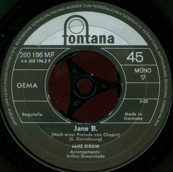 Jane Birkin Avec Serge Gainsbourg : Je T'aime... Moi Non Plus / Jane B. (7", Single, Mono, Top)
