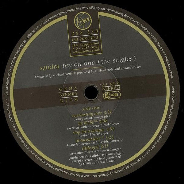 Sandra : Ten On One (The Singles) (LP, Comp)