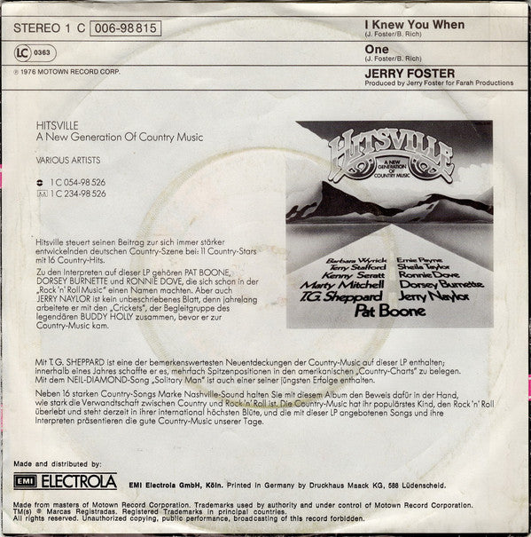 Jerry Foster : I Knew You When (7")