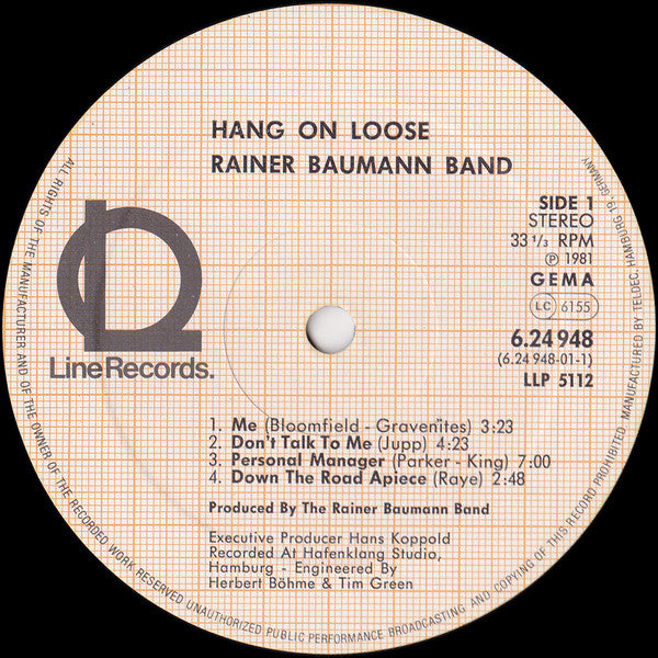 Rainer Baumann Band : Hang On Loose (LP)