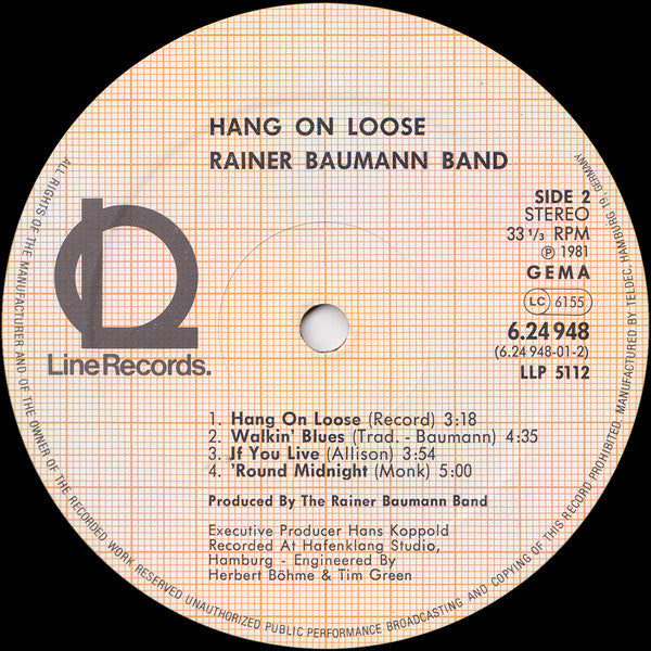 Rainer Baumann Band : Hang On Loose (LP)