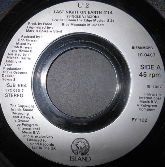 U2 : Last Night On Earth (7", Single, Jukebox)