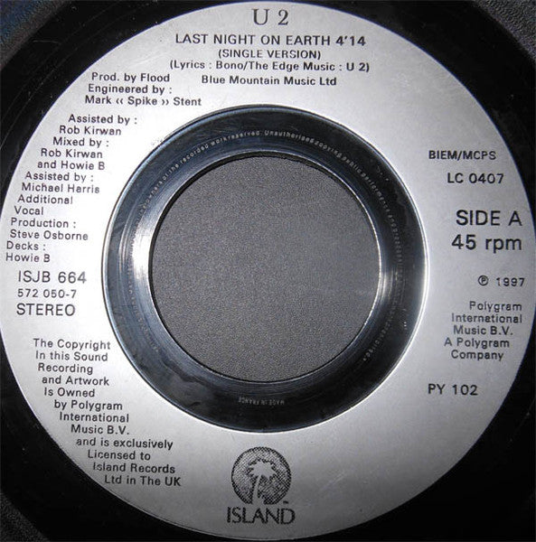 U2 : Last Night On Earth (7", Single, Jukebox)