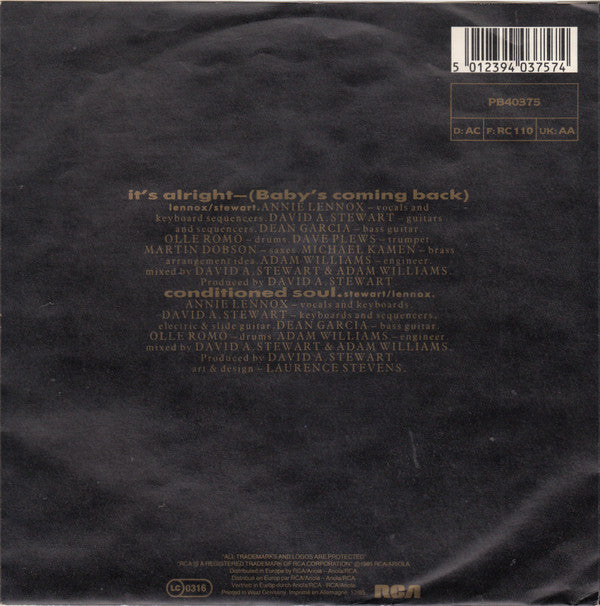 Eurythmics : It's Alright (Baby's Coming Back) (7", Single, RP, Alt)
