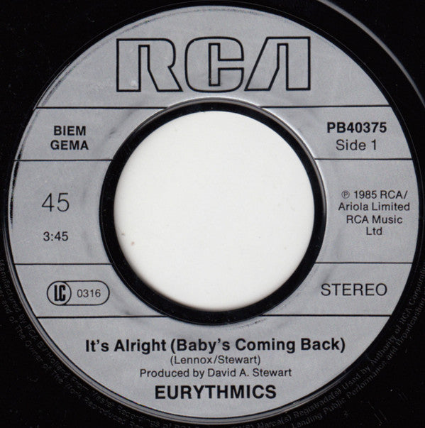 Eurythmics : It's Alright (Baby's Coming Back) (7", Single, RP, Alt)