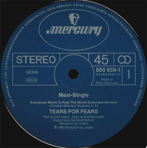 Tears For Fears : Everybody Wants To Rule The World (Extended Version) (12", Maxi)