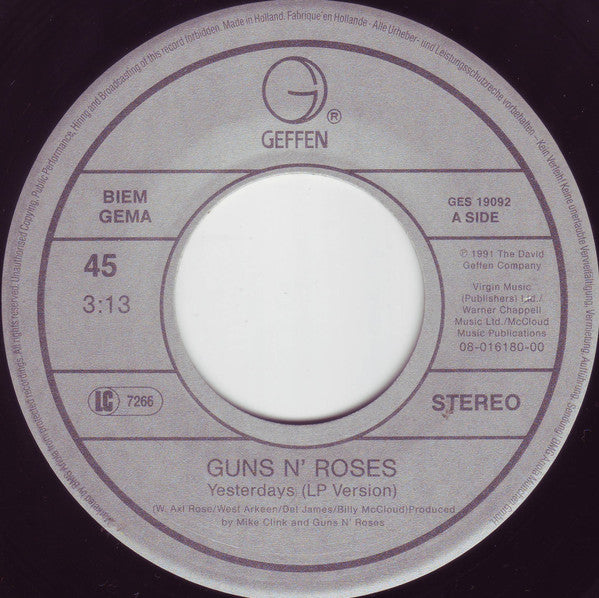 Guns N' Roses : Yesterdays (7", Single)