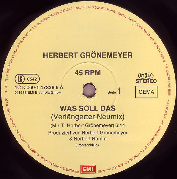 Herbert Grönemeyer : Was Soll Das (Verlängerter Neumix) (12", Maxi)