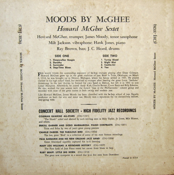 Howard McGhee Sextet Featuring James Moody : Moods By McGhee (10")