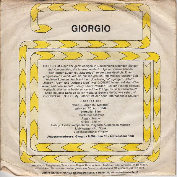 Giorgio* : I'm Free Now / Son Of My Father (7", Single)