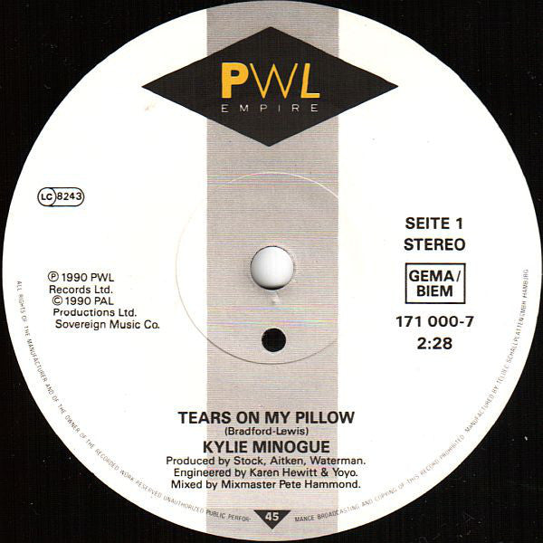 Kylie Minogue : Tears On My Pillow (7", Single)