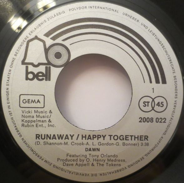 Dawn (5) : Runaway/Happy Together / Don't Act Like A Baby (7", Single)