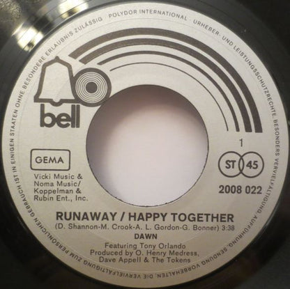 Dawn (5) : Runaway/Happy Together / Don't Act Like A Baby (7", Single)
