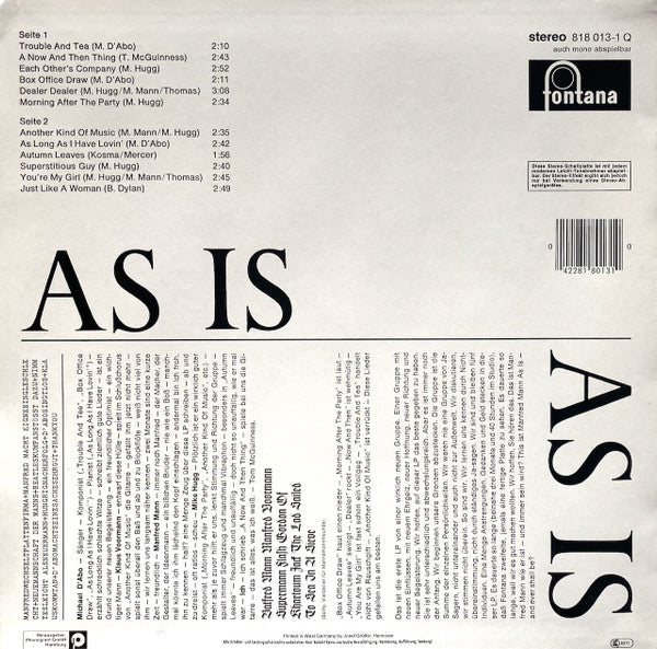 Manfred Mann : As Is (LP, Album, RE)