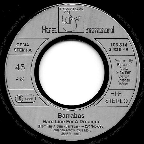 Barrabas : On The Road Again / Hard Line For A Dreamer (7", Single)