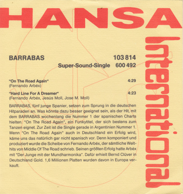 Barrabas : On The Road Again / Hard Line For A Dreamer (7", Single)