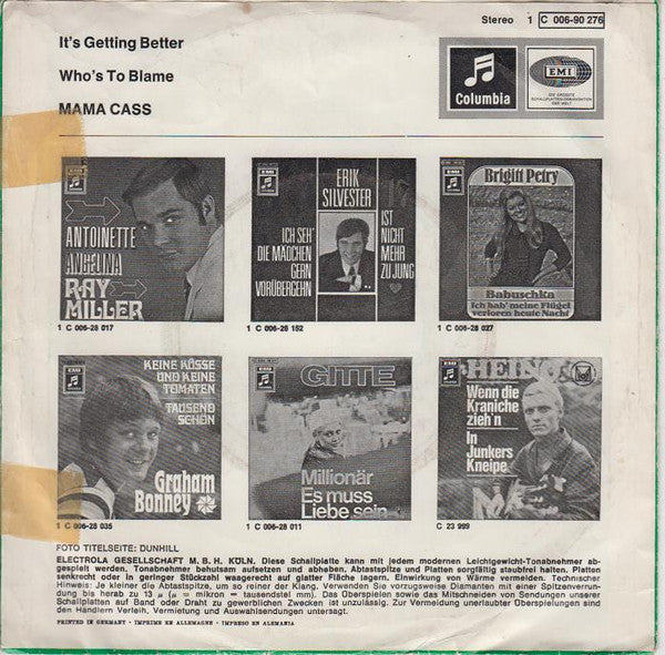 Mama Cass* : It's Getting Better / Who's To Blame (7", Single)