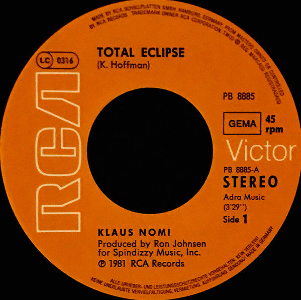 Klaus Nomi : Total Eclipse (7", Single)