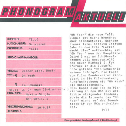 Yello : Oh Yeah (7", Single)