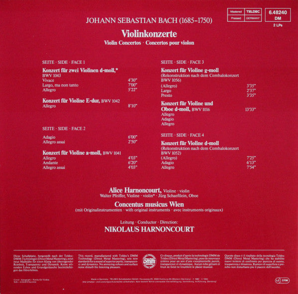 J. S. Bach* - Alice Harnoncourt, Walter Pfeiffer, Jürg Schaeftlein - Concentus musicus Wien, Nikolaus Harnoncourt : 6 Violinkonzerte = Violin Concertos = Concertos Pour Violon (2xLP, Comp, RE, S/Edition)
