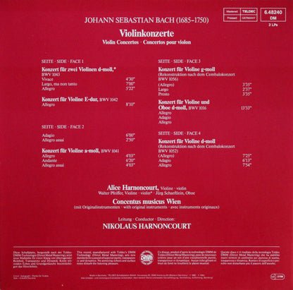 J. S. Bach* - Alice Harnoncourt, Walter Pfeiffer, Jürg Schaeftlein - Concentus musicus Wien, Nikolaus Harnoncourt : 6 Violinkonzerte = Violin Concertos = Concertos Pour Violon (2xLP, Comp, RE, S/Edition)