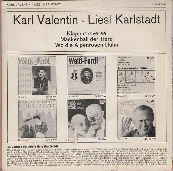 Karl Valentin & Liesl Karlstadt : Klapphornverse / Maskenball Der Tiere / Wo Die Alpenrosen Blühn (7")