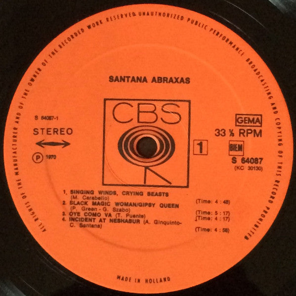 Santana : Abraxas (LP, Album, Gat)