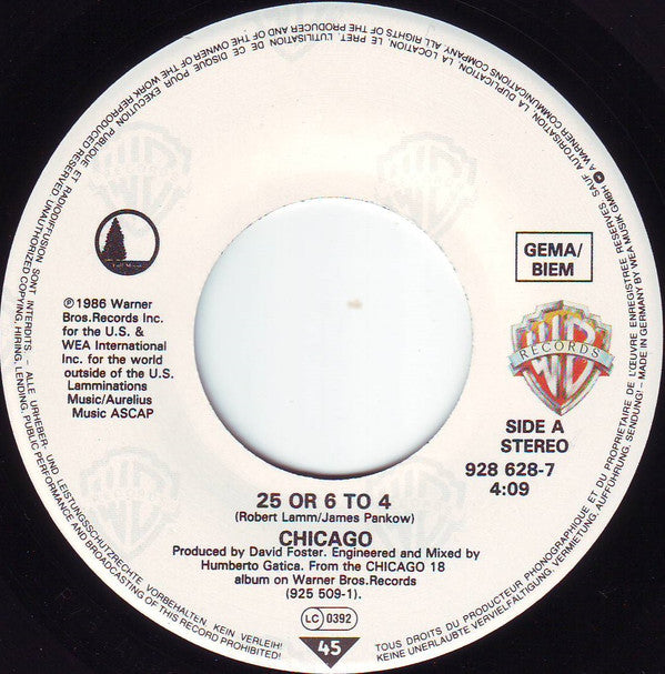 Chicago (2) : 25 Or 6 To 4 (7", Single)