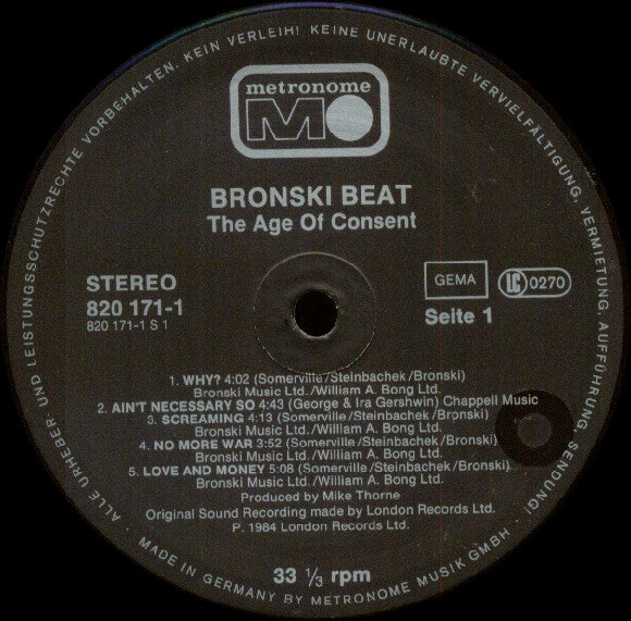 Bronski Beat : The Age Of Consent (LP, Album)