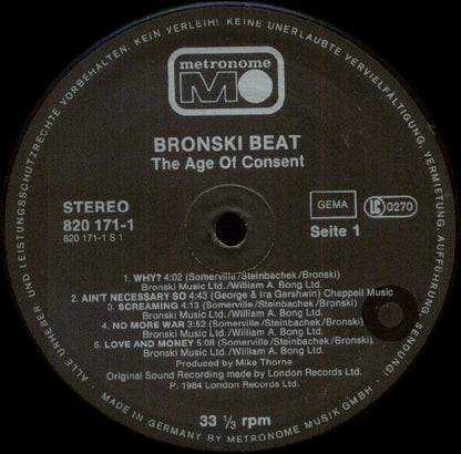 Bronski Beat : The Age Of Consent (LP, Album)