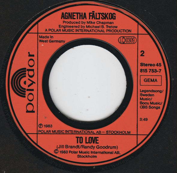Agnetha Fältskog : Can't Shake Loose / To Love (7", Single)
